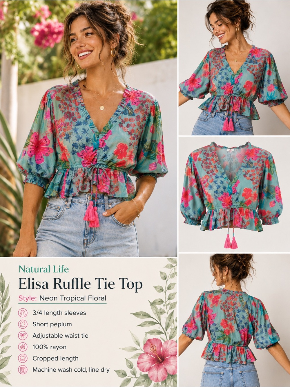 NATURAL LIFE Neon Tropical Floral Ruffle Tie Peplum Top (Green/Pink)